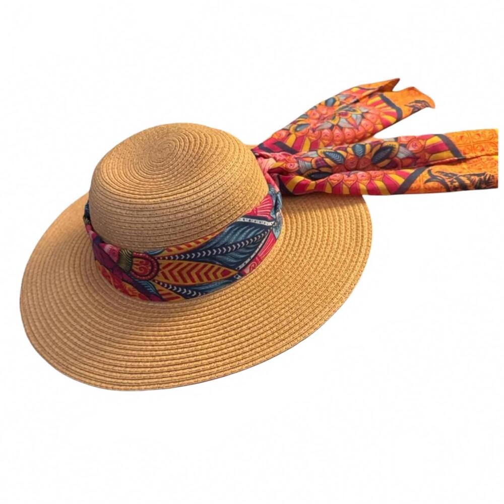 NEW STYLE & CO. women’s straw sun hat in multicolor scarf bow